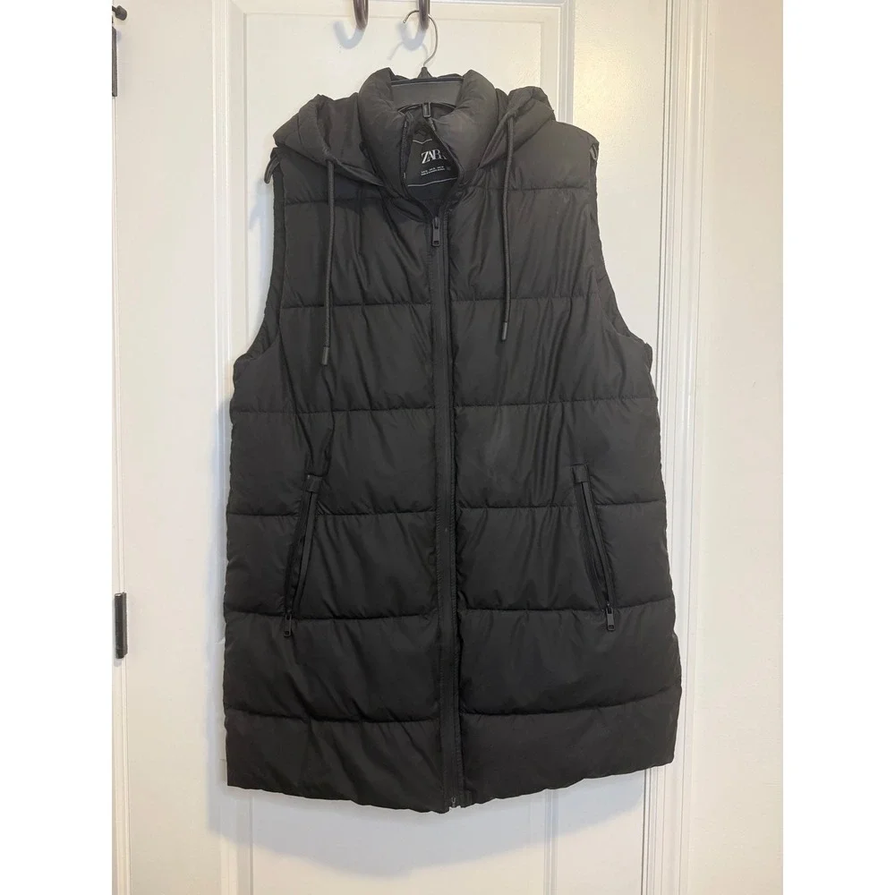 Zara Puffer Vest Women XL Black Excellent Hooded Longline Quilted Gilet Puffy